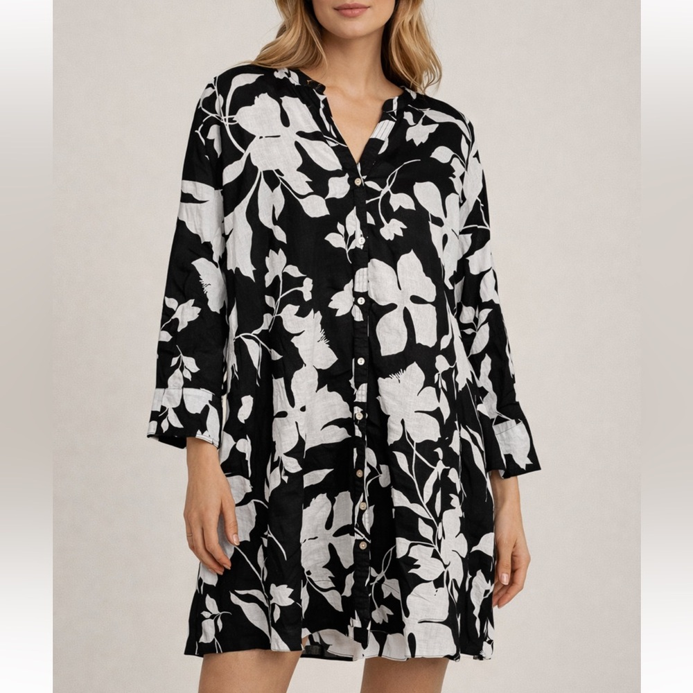 Cynthia Rowley Black and White Floral Midi Dress 100% Linen